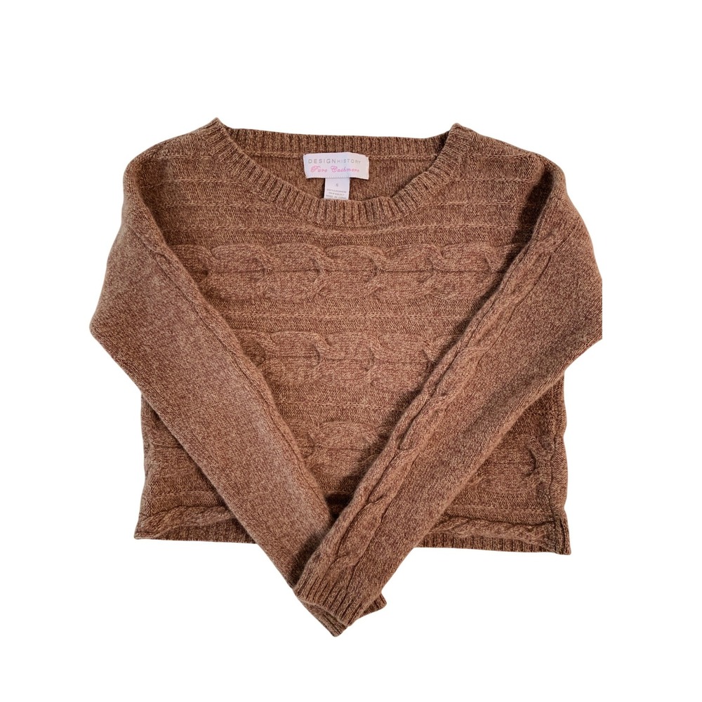 Design History Pure Cashmere Cable Knit Cropped Sweater Brown Preppy Y2K / S